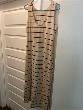 Beige and Black Striped Sleeveless Maxi Dress